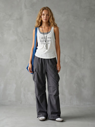 1772701 Cargo Pants Loose Drawstring Pockets Solid Color Pants