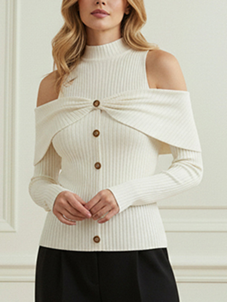 Buttoned Shoulder Long Sleeves Skinny Buttoned Pleated Ribbed Knit Cold Shoulder Knit To ...