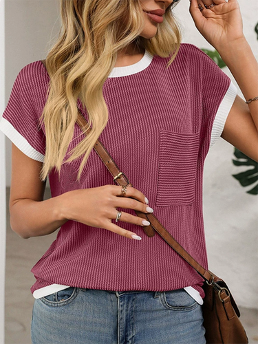 Bolsas de color de contraste de mangas cortas sueltas camisetas de cuello redondo