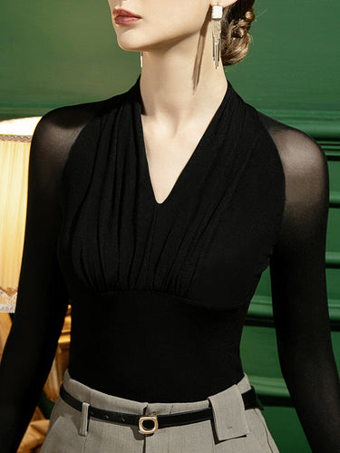Maniche lunghe casual maglie magre maglia pieghettate toppate a v-sineta