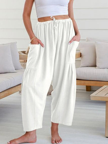 Column Loose Elasticity Pockets Solid Color Casual Pants Bottoms Trousers