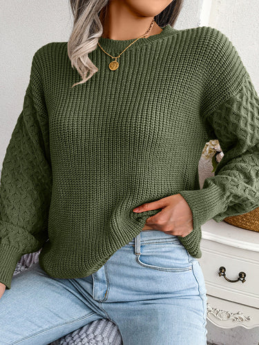 1713752 Long Sleeves Loose Cable Knit Solid Color Round-Neck Sweater Tops