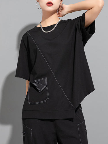 ゆるい短袖非対称のソリッドカラースプリットジョイントラウンドネックTシャツのトップス