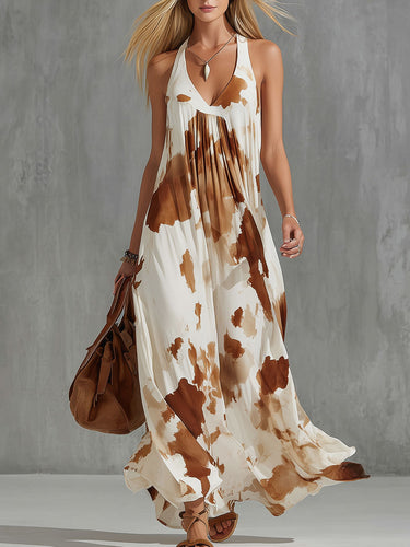 WHITE BROWN Printed Pleated U-Neck Maxi Dress Uoozee official WHITE BROWN Printed Pleated U-Neck Maxi Dress Uoozee official