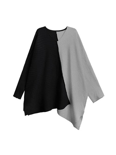 1720135 Batwing Sleeves Irregularity Asymmetric Contrast Color Split-Joint Textured V-Neck Sweater Tops