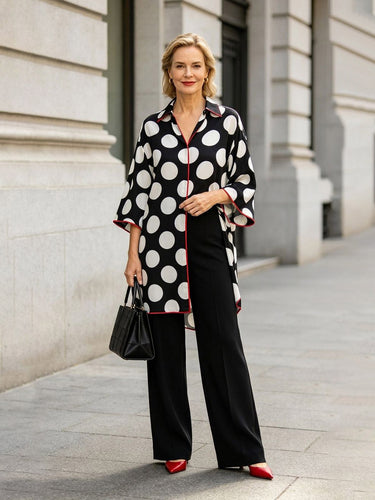 1788900 Split-front Split-Joint Polka Dot Contrast Color Three-quarter Sleeves Loose V-neck Blouses&shirts Tops