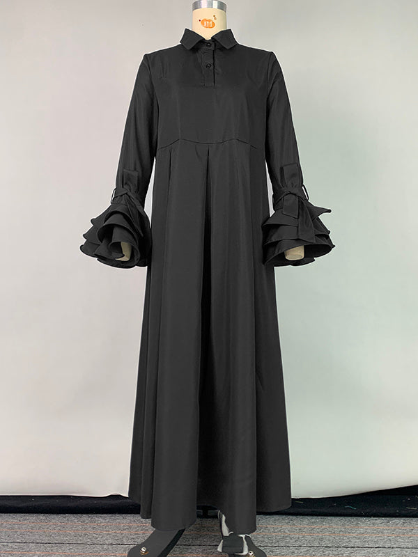 Buttoned Solid Color Split-Joint Split-side A-line Flared Sleeves Lapel Maxi Dresses