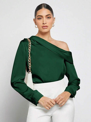 1728953 Long Sleeves Skinny Pleated Solid Color Split-Joint One-Shoulder Blouses&Shirts Tops