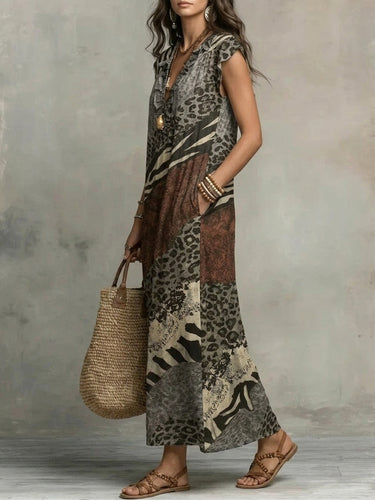 1781446 Loose Sleeveless Pockets Printed Ruffled V-Neck Maxi Dresses