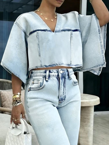 Batwing Sleeves Half Sleeves Contrast Color Split-Joint V-Neck Blouses&Shirts Tops