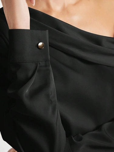 1728970 Long Sleeves Skinny Pleated Solid Color Split-Joint One-Shoulder Blouses&Shirts Tops