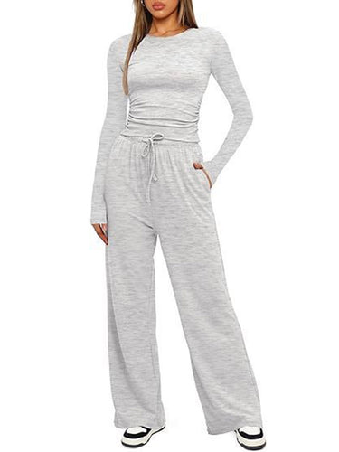 1751577 Solid Color Pleated Round-Neck T-Shirts Tops +  Elasticated Waist High Waisted Drawstring Pants Two Pieces Set