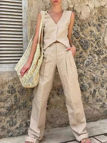 Giubbotto a v-scollo a v-scollo con abbottonato senza maniche sciolti + tasche a pieghe a piega a piegatura a piegatura in basso due pezzi impostati