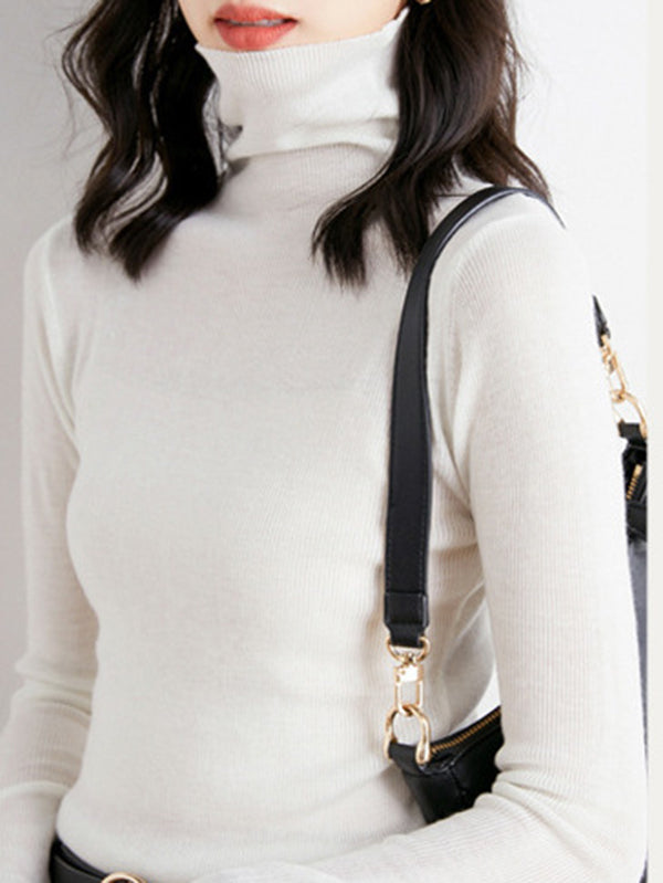 Simple Skinny Long Sleeves Solid Color High-Neck Sweater Tops Pullover ...