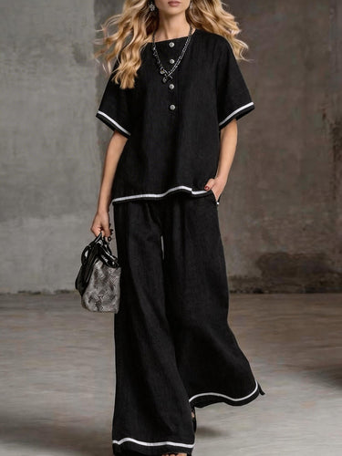 1776551 Loose Short Sleeves Buttoned Pockets Solid Color Round-Neck Blouses Top + Pants Bottom Two Pieces Set
