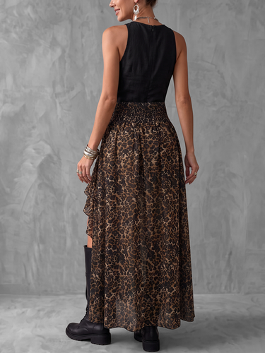 1782532 High Waisted High-Low Asymmetric Buckle Elasticity Leopard See-Through Split-Joint Skirts Bottoms