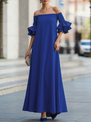 maxi dress solid color Half Sleeves Loose Solid Color Off-The-Shoulder Maxi Dresses