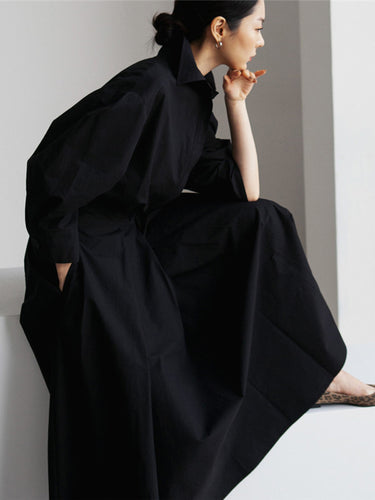 785172 Long Sleeves Loose Buttoned Solid Color Lapel Midi Dresses