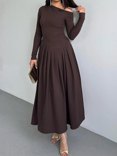 1717914 A-Line Bodycon Asymmetric Pleated Solid Color Split-Joint One-Shoulder Maxi Dresses