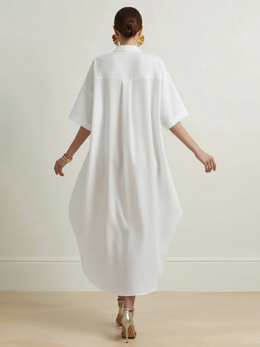 1736150 High-Low Irregularity Asymmetric Buttoned Contrast Color Flower Print Split-Joint Lapel Midi Dresses Shirt Dress