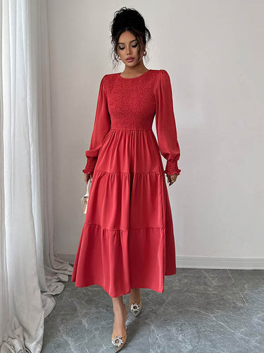 1731560 Elasticated Waist High Waisted Pleated Solid Color Split-Joint Round-Neck Midi Dresses