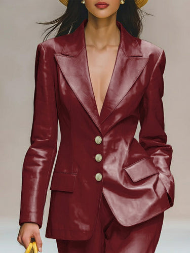 1727500 Long Sleeves Loose Buttoned Pockets Solid Color Notched Collar Blazer Outerwear