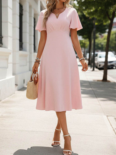 1774204 Corte en A Talle alto Plisado Color sólido Cuello en V Vestidos midi