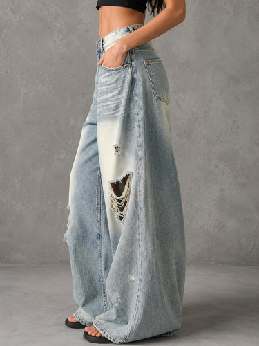 1778361 High Waisted Wide Leg Buttoned Contrast Color Hollow Pockets Split-Joint Jean Pants Bottoms