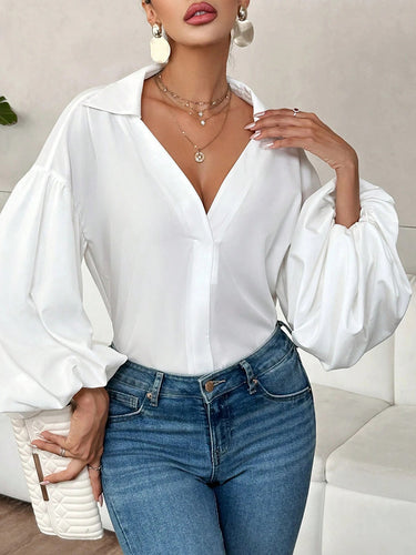 1780362 Long Sleeves Loose Pleated Solid Color Split-Joint Lapel Blouses&Shirts Tops
