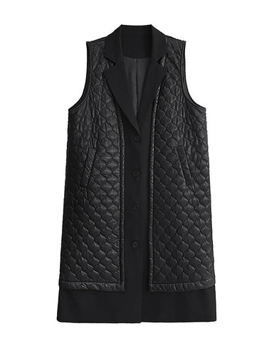 1720319 Loose Sleeveless Buttoned Plaid Pockets Solid Color Split-Joint Notched Collar Outerwear Padded Vest