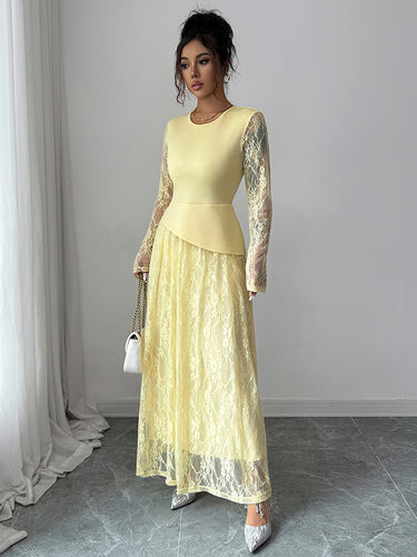 1721791 A-Line Irregularity Asymmetric Flower Print Layered See-Through Solid Color Split-Joint Round-Neck Maxi Dresses