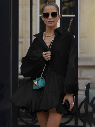 1085146 Puff Sleeves Buttoned Solid Color Split-Joint Lapel Mini Dresses Shirt Dress