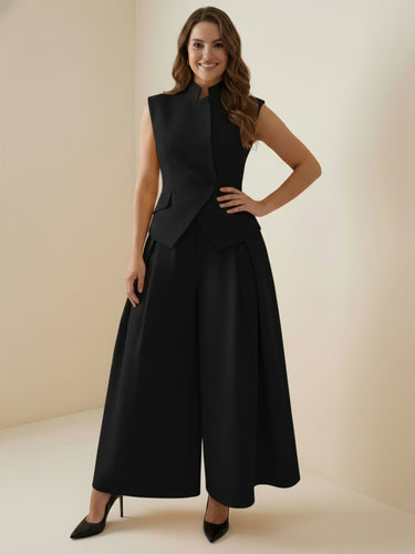 Elasticated Waist High Waisted Asymmetric Buttoned Solid Color Split-Joint Stand Collar Tank Top