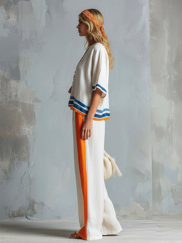 1774127 Losse blouses met driekwartmouwen, strepen en ronde hals.&Shirts Tops