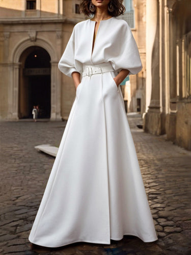 uoozee white dress Uoozee-official A-Line High Waisted Buttoned Jacquard Pleated Solid Color Lapel Mini Dresses / L WHITE / 2XL White Puffy Dress | Puff