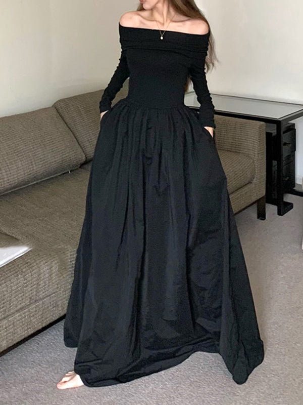 Pleated Solid Color Split-Joint Long Sleeves Skinny Off-the-shoulder Maxi Dresses Evening Dresses