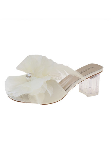 1782055 Square Heel Feathers Open Toe Three-Dimensional Flower Sandals