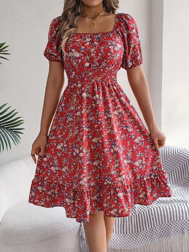 1783906 A-Line Short Sleeves Contrast Color Elasticity Flower Print Ruffle Trim Split-Joint Square-Neck Midi Dresses