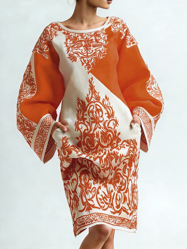 Long Sleeves Loose Contrast Color Flower Print Pockets Round-neck Mini Dresses