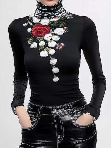 Maniche lunghe Skinny Flower Stampa a collo diviso a collo alto Time