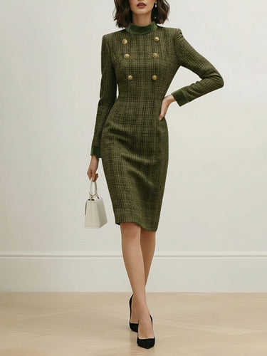 High Waisted Long Sleeves Buttoned Solid Color Split-Joint Zipper Mock Neck Midi Dresses