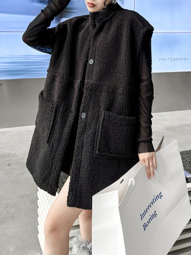 1720721 Loose Sleeveless Buttoned Pockets Split-Joint Stand Collar Vest Outerwear