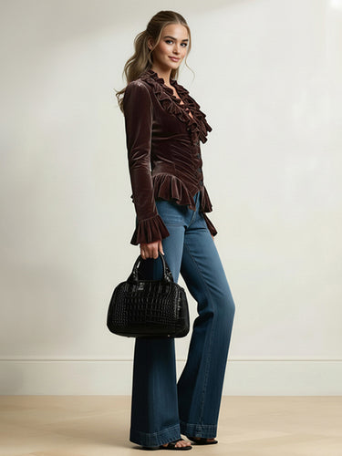 Elasticated Waist Flared Sleeves Buttoned Pleated Ruffled Solid Color Split-Joint Deep V-Neck Blouses&Shirts Tops