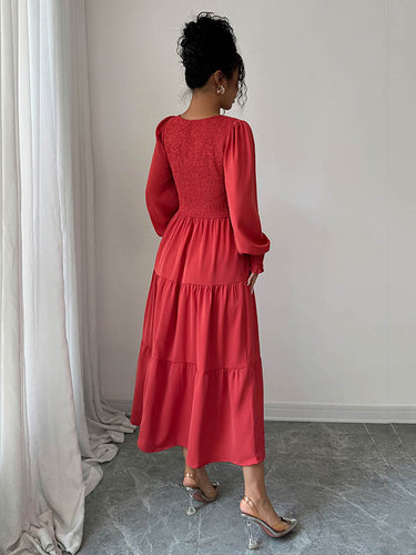 1731561 Elasticated Waist High Waisted Pleated Solid Color Split-Joint Round-Neck Midi Dresses