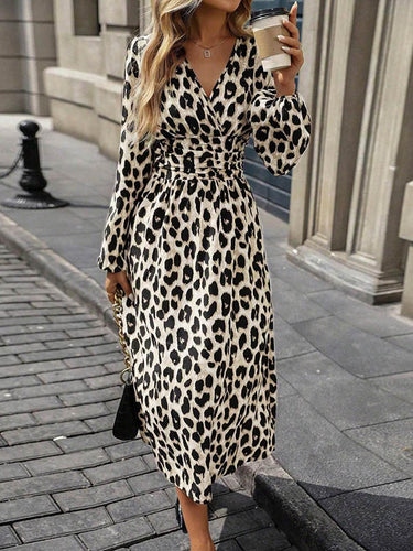 1728919 Elasticated Waist High Waisted Contrast Color Leopard Pleated Split-Joint V-Neck Maxi Dresses