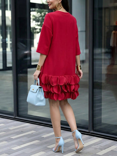 1781627 A-Line Loose Solid Color Split-Joint Three-Dimensional Flower Round-Neck Midi Dresses