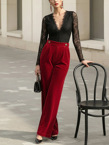 1735567 High Waisted Wide Leg Buttoned Pleated Pockets Solid Color Velvet Pants Trousers