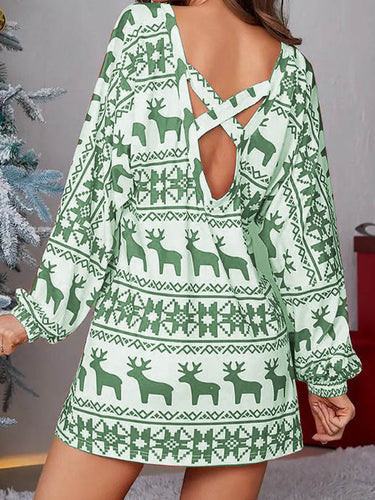 1717768 Long Sleeves Puff Sleeves Animal Printed Contrast Color Flower Print One-Shoulder Mini Dresses