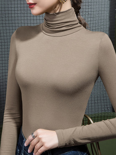 Long Sleeves Plus Size Solid Color Split-Joint High Neck T-Shirts