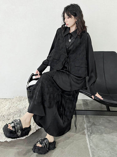 1726261 Solid Color Split-Joint Asymmetric Drawstring Flower Print   False Two Lapel Buttoned Pockets Blouses&Shirts Tops + Elasticated Waist Double Layered Skirts Bottoms Two Pieces Set